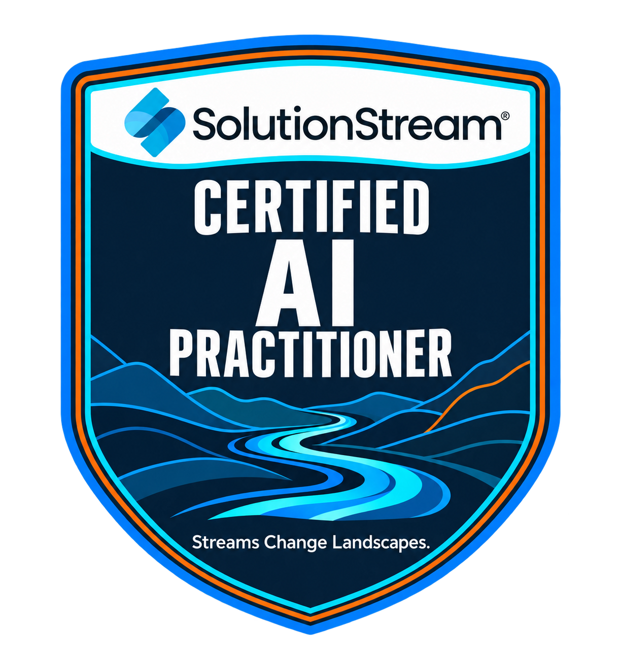 SolutionStream Certified AI Practitioner shield — Streams Change Landscapes